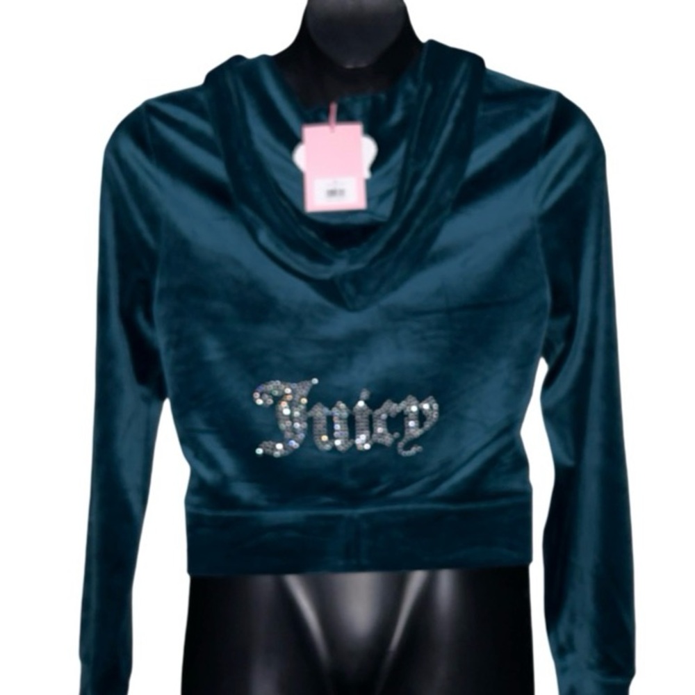 JUICY COUTURE TEAL SEA OG BLING RHINESTONE VELOUR TRACKSUIT CROPPED HOODIE NWT